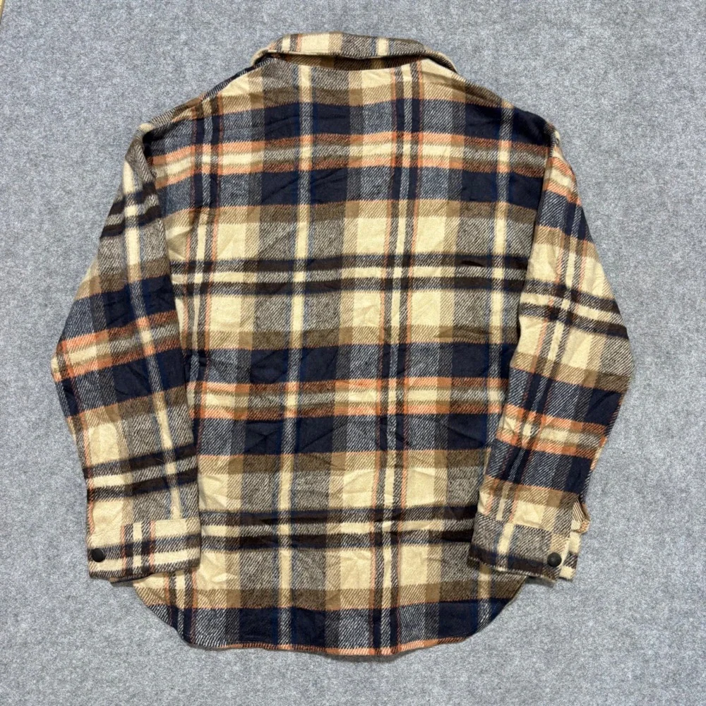 Mens Plaid Flannel Shirt Jacket Brown Navy Orange Snap Front Shacket Size M